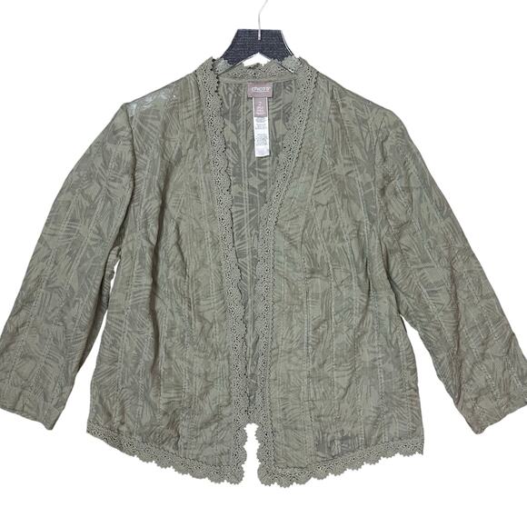 Chico's Womens Cardigan Lightweight Green Crochet Trim Size 2 (Large) - Picture 3 of 5